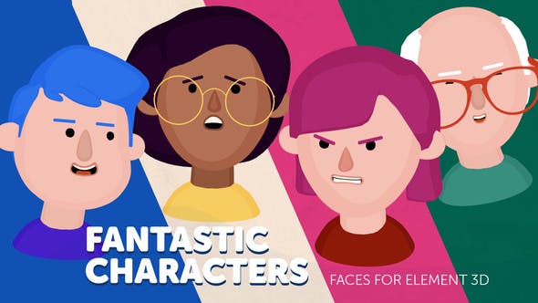 AE模板-E3D三维卡通人物角色面部绑定动画 Fantastic Characters – Faces for Element 3D