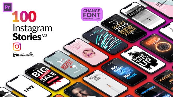 Premiere预设模板-100种时尚流行竖屏图文排版设计视频动画 Instagram Stories Package Essential Graphics