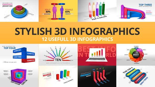 AE模板-12组三维立体信息数据图表动画 Stylish 3D Infographics