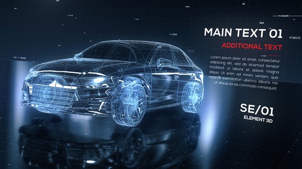 AE模板-未来数字科技感三维网格汽车部件展示介绍宣传动画片头