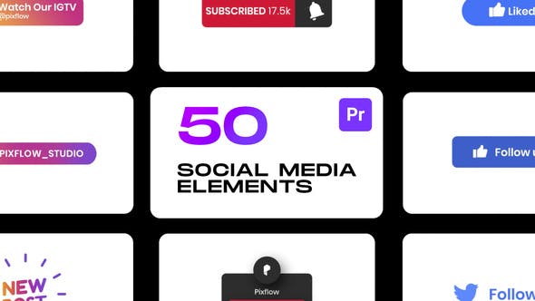 PR脚本-92个社交媒体视频网站点赞订阅关注图形元素动画 Social Elements for Premiere Pro
