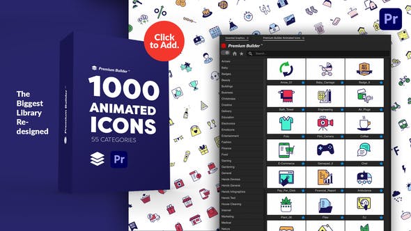 PR脚本-1000个创意时尚社交媒体生活网络商品建筑体育交通天气食品MG图标动画 PremiumBuilder Animated Icons