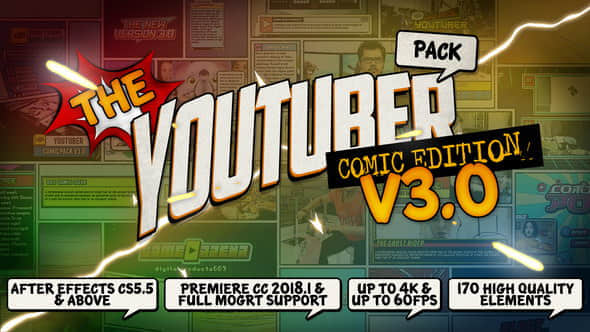 Ae模板+Pr预设：卡通漫画视频网站字幕条标题边栏LOGO宣传包装动画The YouTuber Pack – Comic Edition V3.0