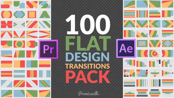AE+Pr模板预设：100个动态图形转场MG动画 Flat Design Transitions Pack