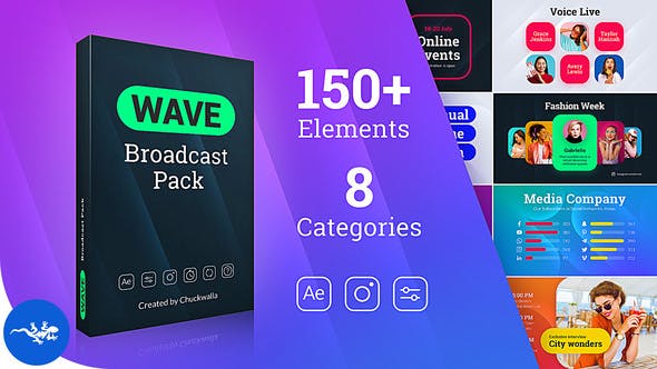 AE模板-150个扁平化彩色图形节目预告导视社交媒体宣传介绍动画 Wave Broadcast Pack
