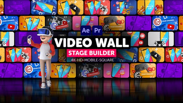AE/PR模板-多画面网格视频墙动态背景效果 Video Wall Stage Builder