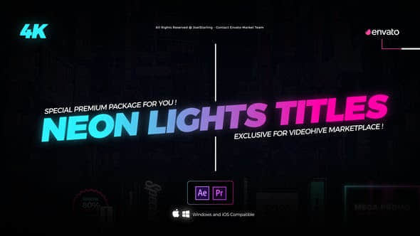 AE模板+PR预设 – 15种霓虹灯照亮发光文字标题动画Neon Lights Titles 4K