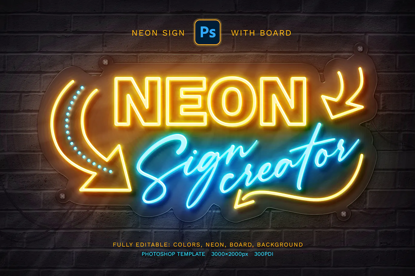 霓虹灯标志发光文字效果PSD模板 - Neon Sign Board 平面图形 第7张