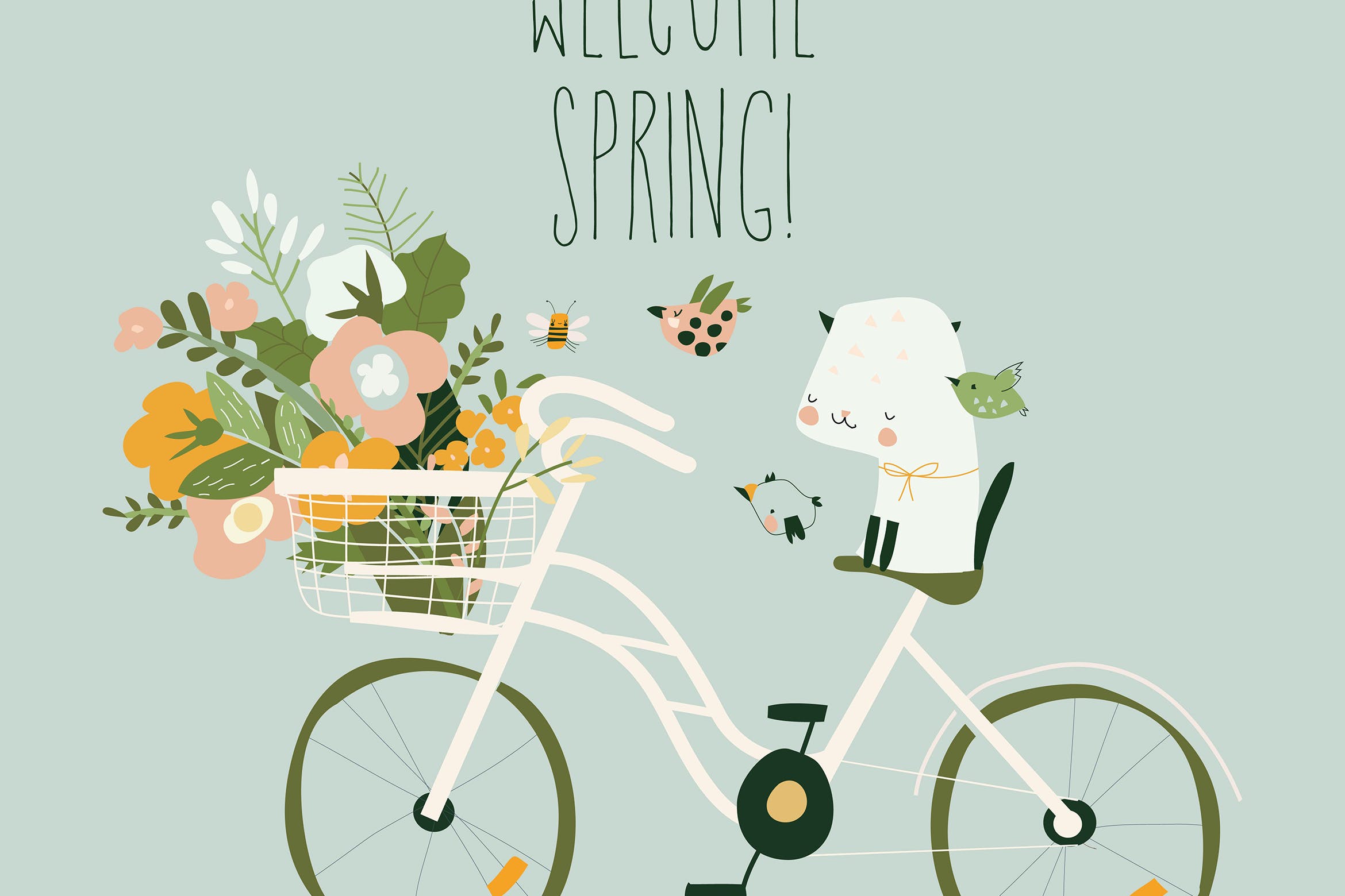 卡通自行车可爱猫咪春天概念插画 Cute cartoon cat sitting on bike with spring-1