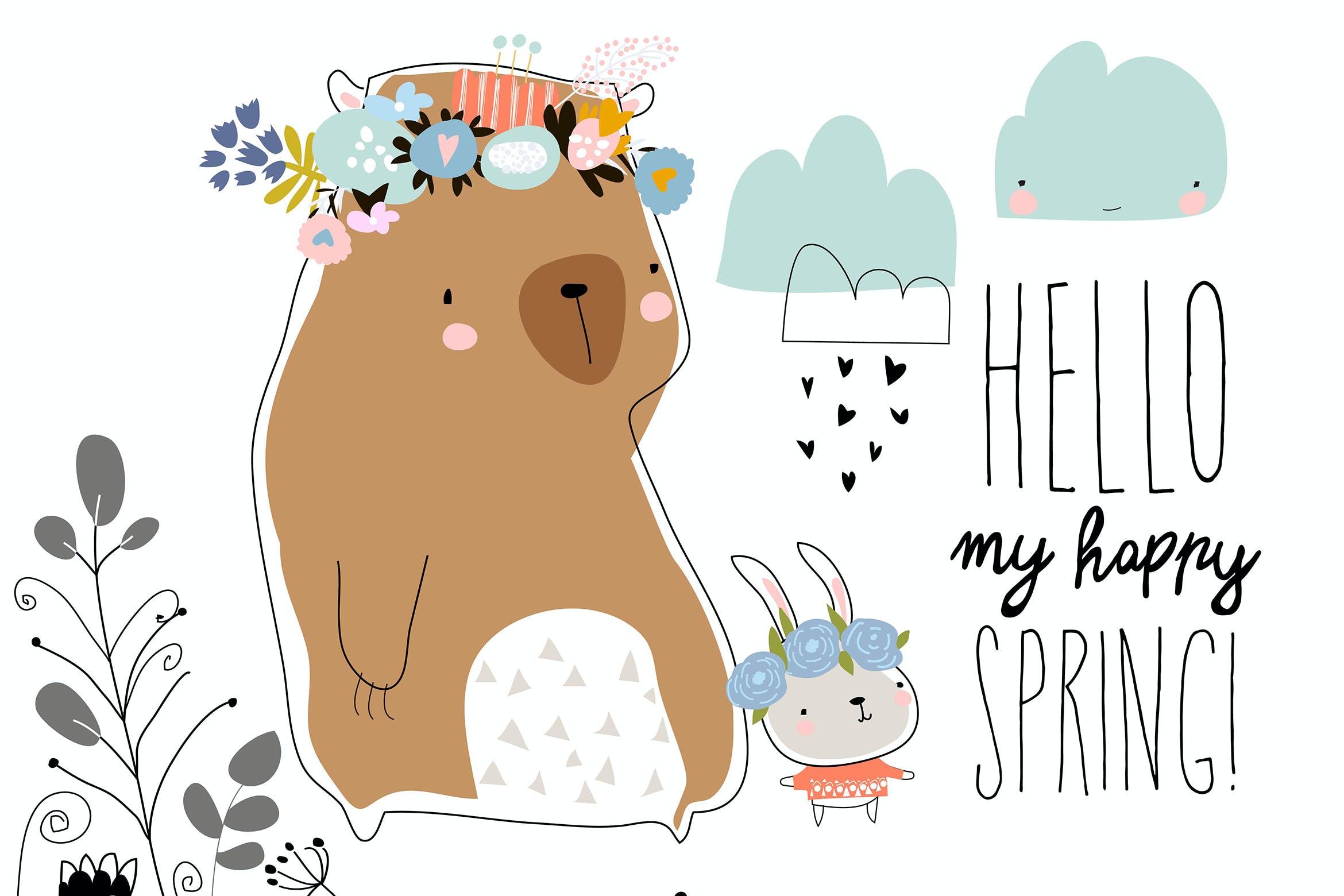 可爱的熊和小兔子春天矢量插画 Cute bear with little bunny staying in spring plan-1