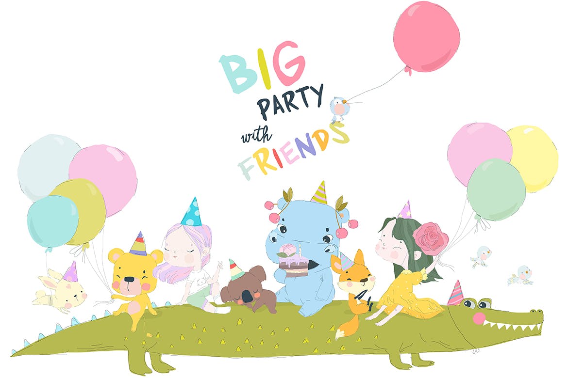 与可爱的动物一起举办生日周年纪念派对矢量插画 Birthday Anniversary Party with Cute Animals-1