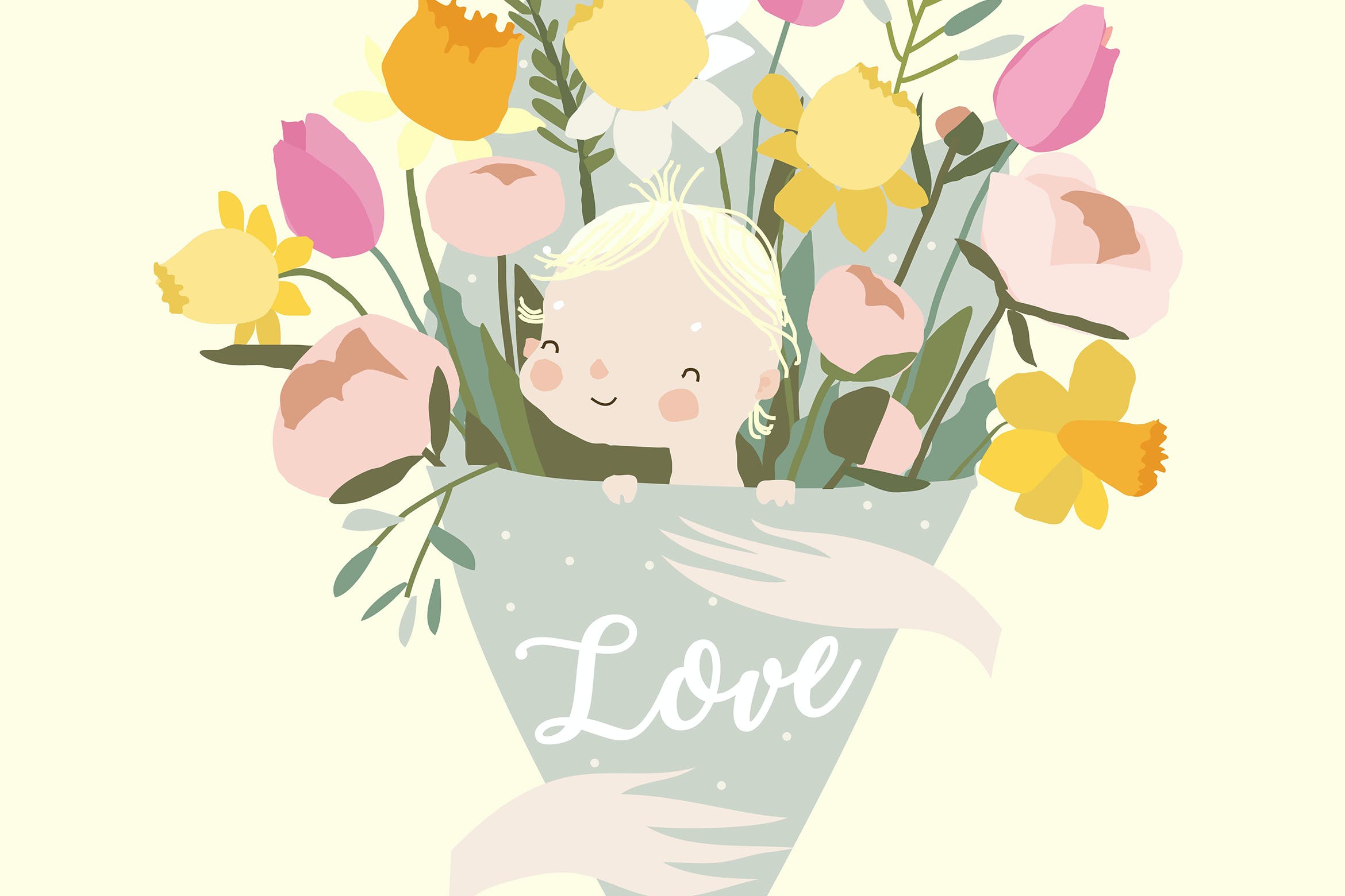 母亲手捧可爱花束春天插画 Mother holding Bouquet of Spring Flowers with Cute-1