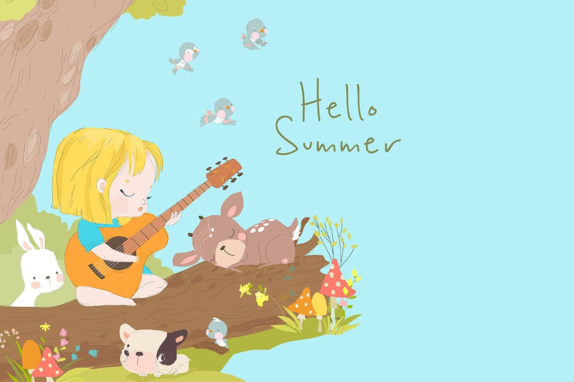 森林动物&吉他女孩卡通矢量插画 Cartoon Little Girl playing Guitar with Animals-1