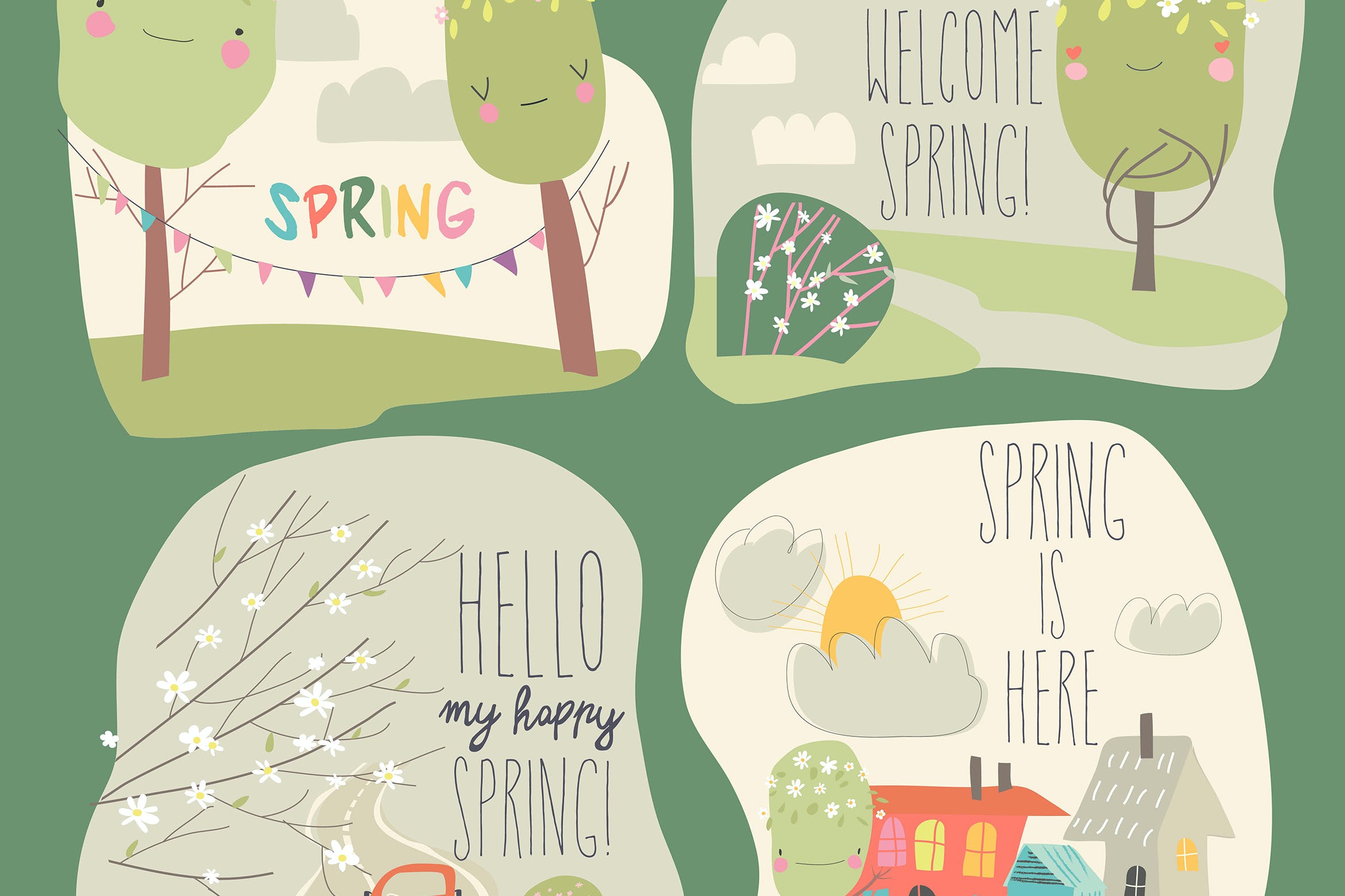 春天景观与乐趣矢量插画 Vector set of different spring landscape with funn-1