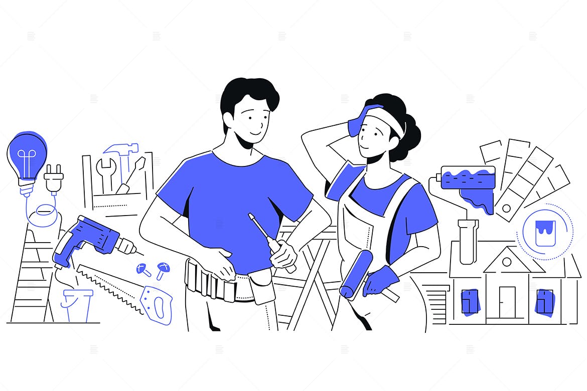 家庭修理整理概念线条风格插画 Couple Making Repairs – Line Style Illustration-1