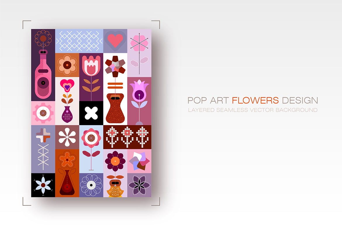 波普艺术花卉设计无缝矢量背景 Pop Art Flower Design seamless vector background-1