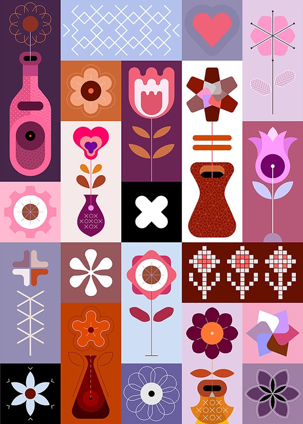 波普艺术花卉设计无缝矢量背景 Pop Art Flower Design seamless vector background-2