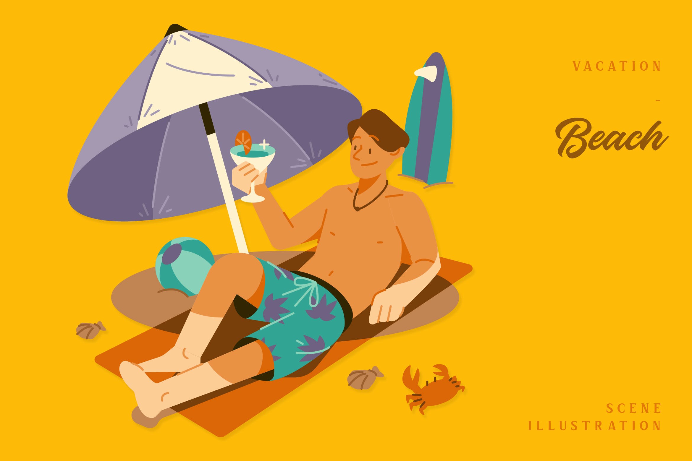 假期海滩场景插画矢量素材 Vacation – Beach Scene Illustration-1