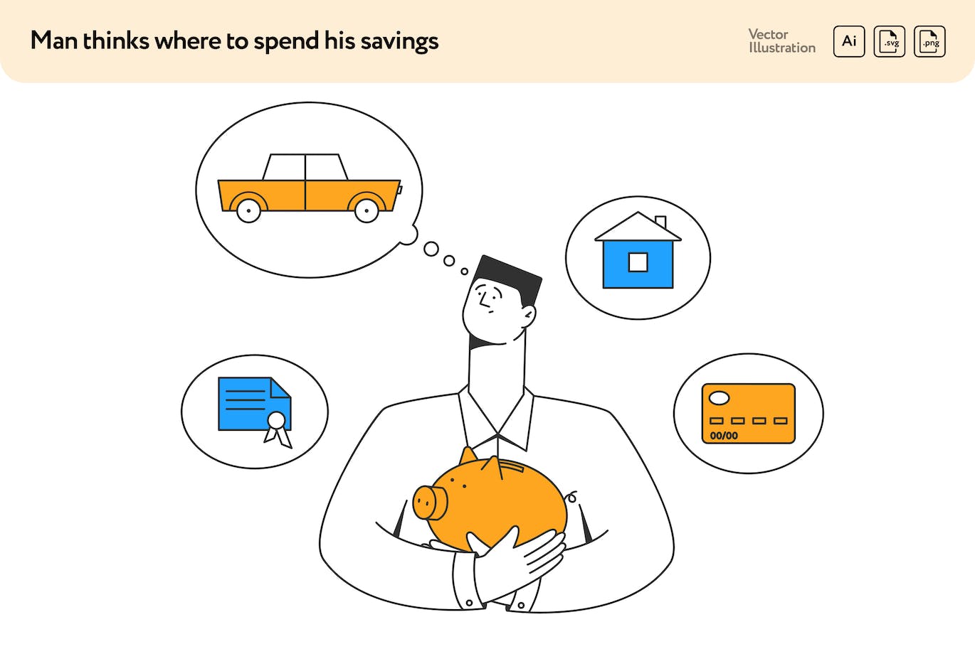 积蓄消费方向矢量插画素材 Man Thinks Where to Spend his Savings-1
