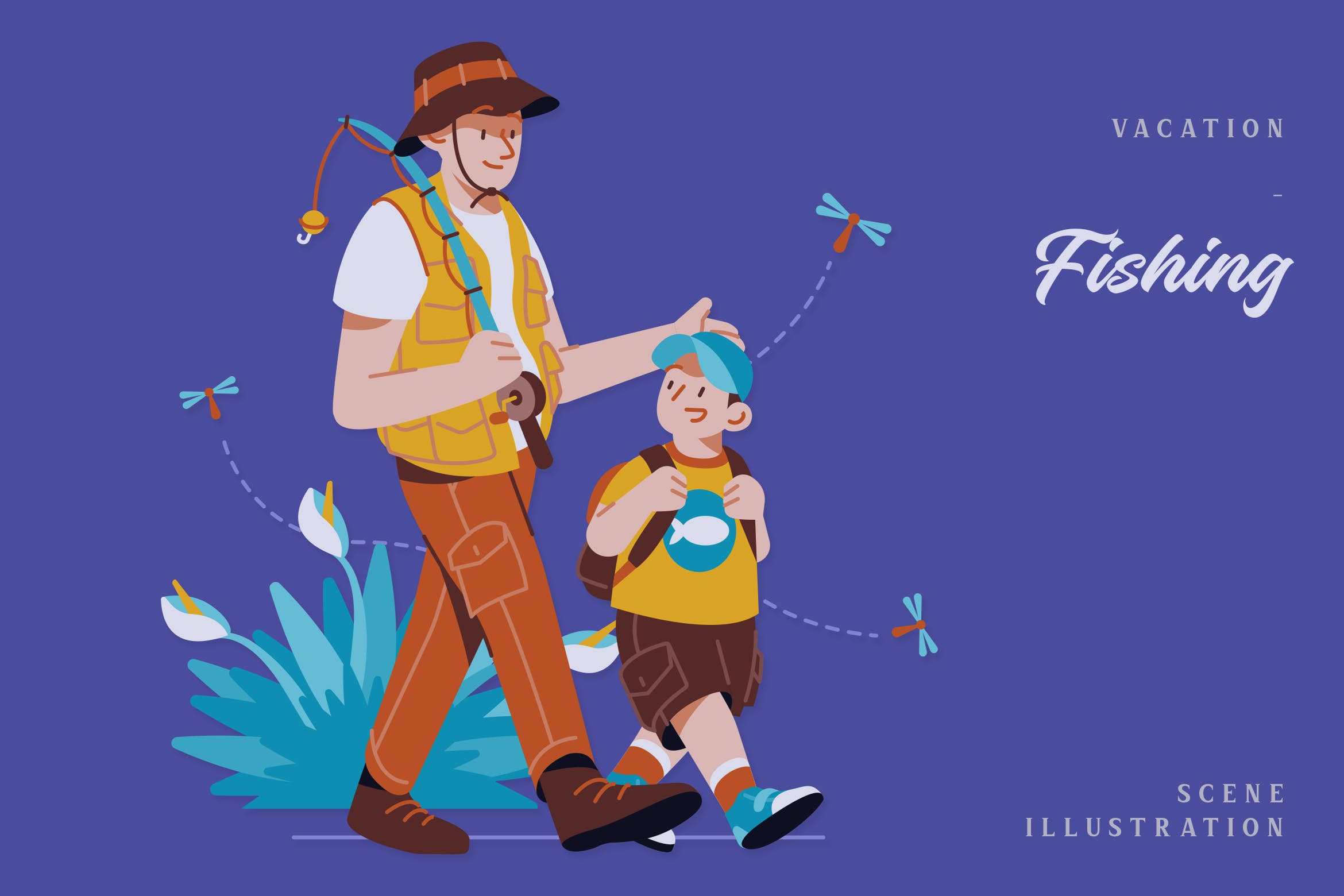 假期钓鱼场景插画矢量素材 Vacation – Fishing Scene Illustration-1