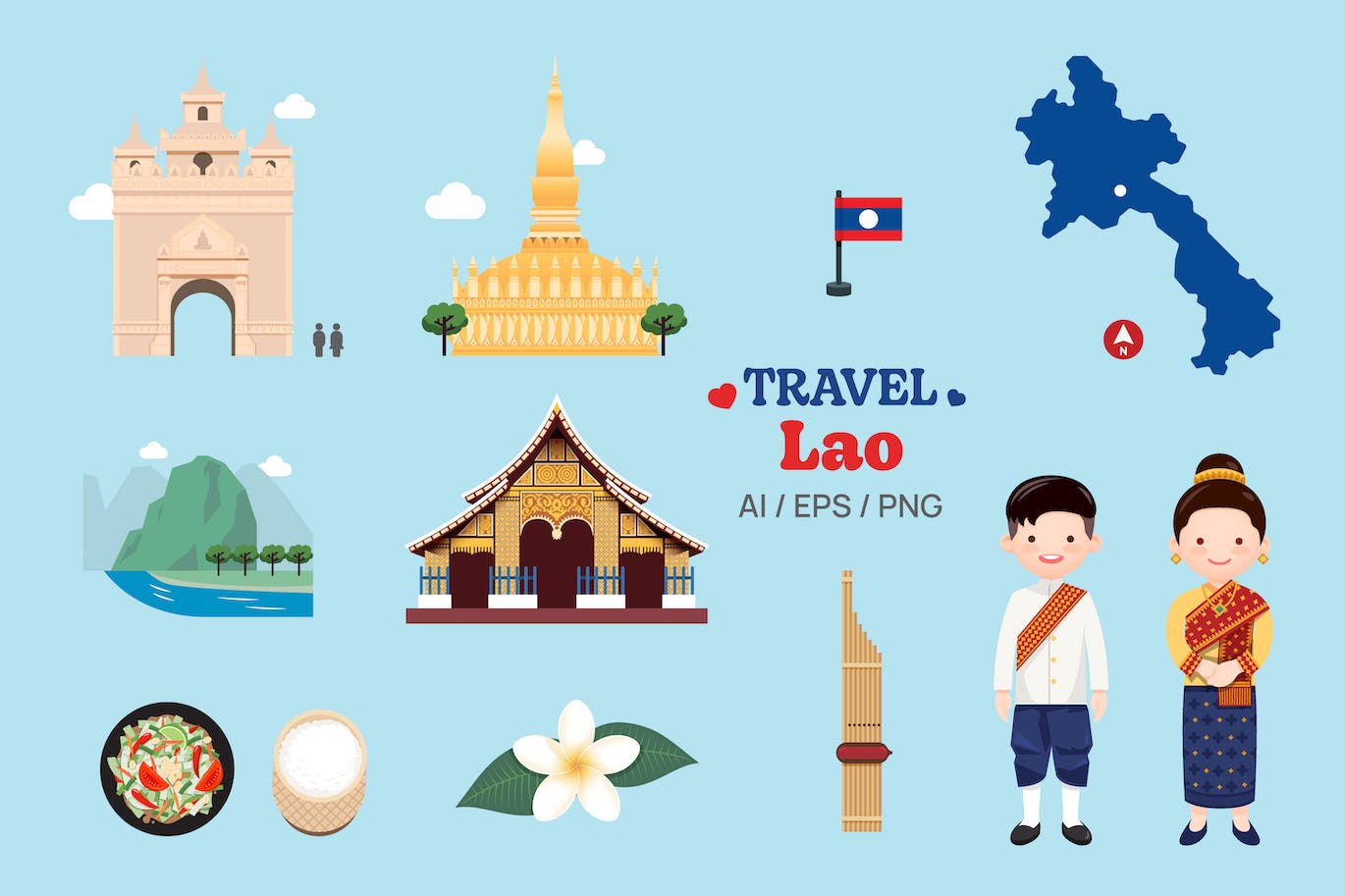 老挝元素地图和地标符号矢量插画 Travel Lao elements map and landmarks symbols-1
