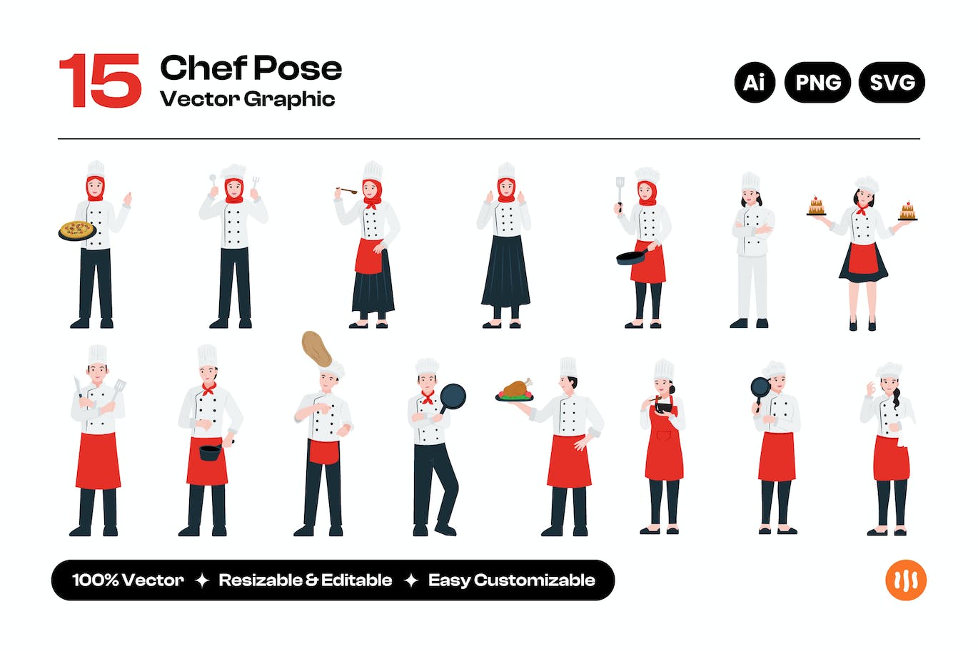 不同姿态年轻厨师形象人物插画 Set of Young Chef Character in Different Postures-1