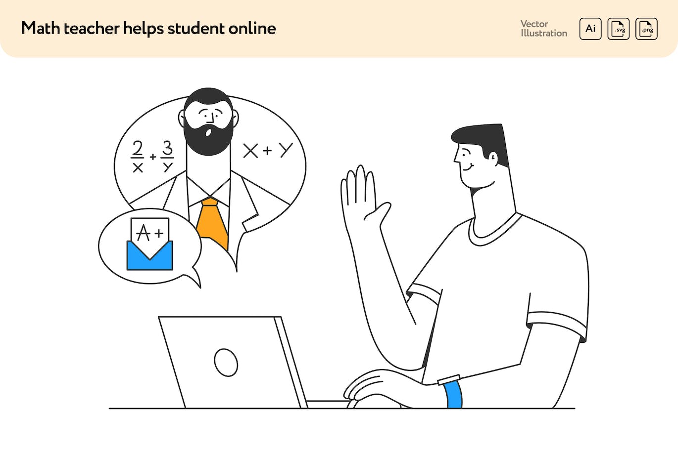 在线辅导概念矢量插画素材 Math Teacher Helps Student Online-1