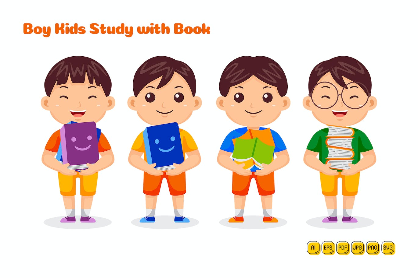 男孩儿童学习书籍矢量插画 Boy Kids Study with Book Vector Pack #01-1