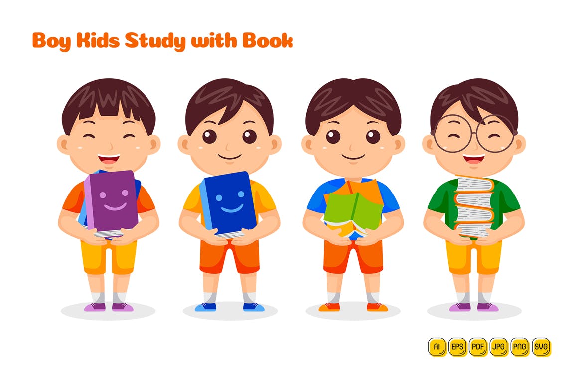 男孩儿童学习书籍矢量插画 Boy Kids Study with Book Vector Pack #01-2