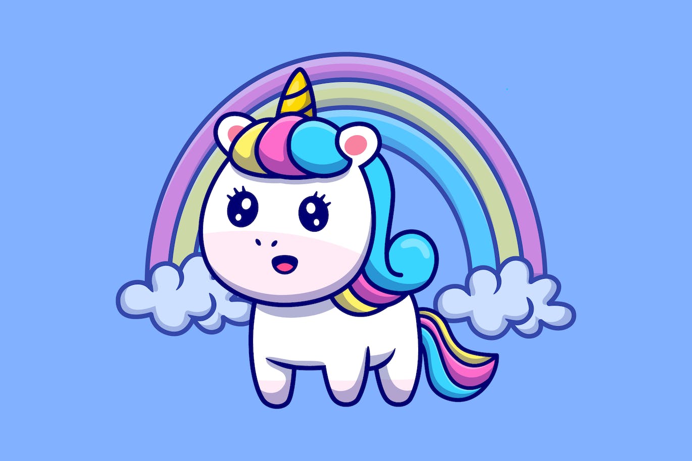 可爱的独角兽与彩虹卡通插画 Cute Unicorn With Rainbow Cartoon Illustration-1