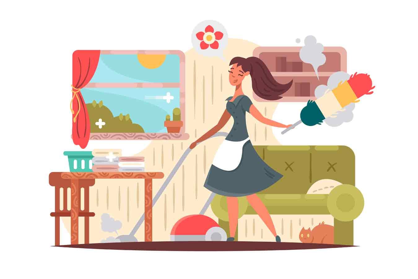 女管家打扫公寓矢量插画 Girl Housekeeper Cleans Apartment-1