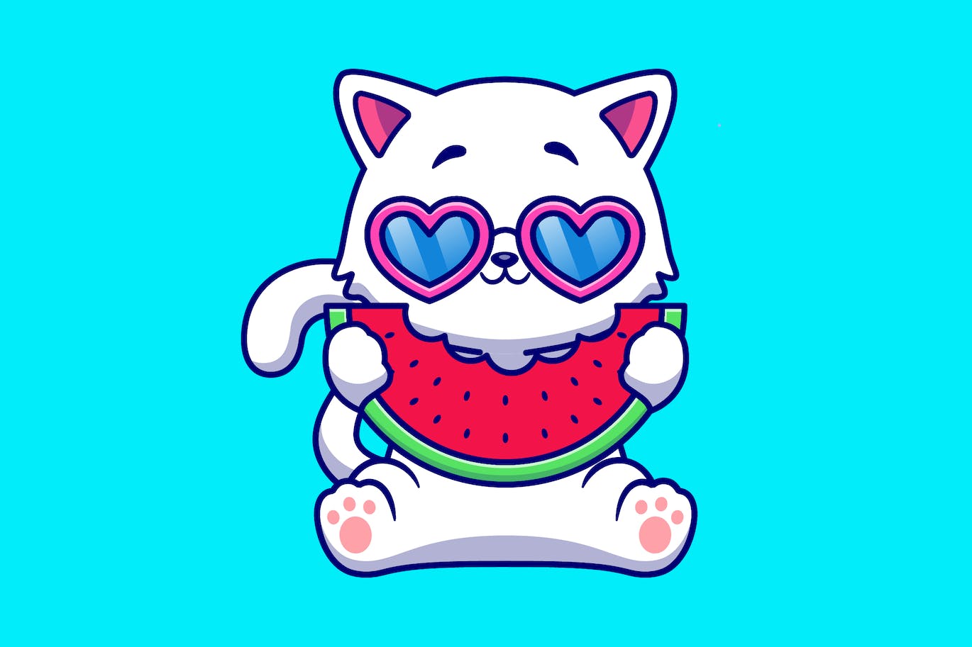 可爱的猫咪吃西瓜卡通插画 Cute Cat Eating Watermelon Fruit Cartoon-1