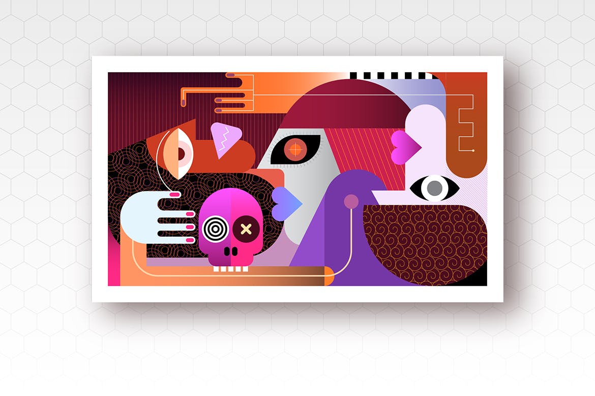 人&头骨现代抽象艺术图形插画 Three people and a skull vector illustration-1