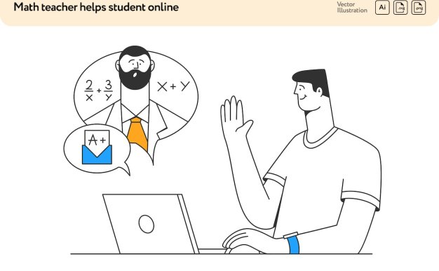 在线辅导概念矢量插画素材 Math Teacher Helps Student Online