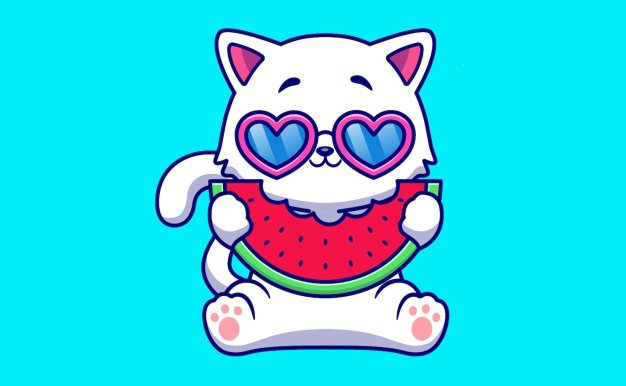 可爱的猫咪吃西瓜卡通插画 Cute Cat Eating Watermelon Fruit Cartoon