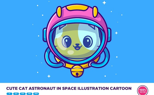 可爱的猫宇航员太空漫画插画 Cute Cat Astronaut In Space Illustration Cartoon