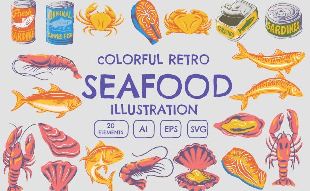 海鲜食品复古插画 Seafood Retro Illustration