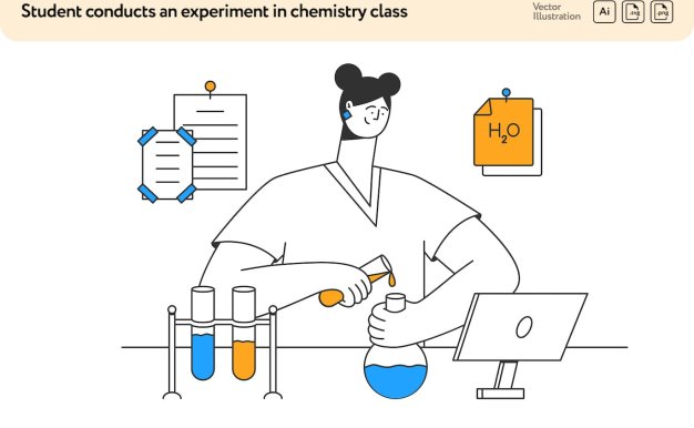 学生化学实验矢量插画素材 Student Conducts an Experiment in Chemistry Class