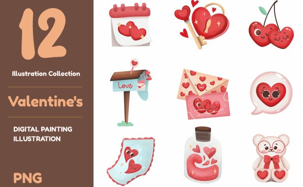 情人节爱心主题插画素材 Valentine’s Day Illustrations