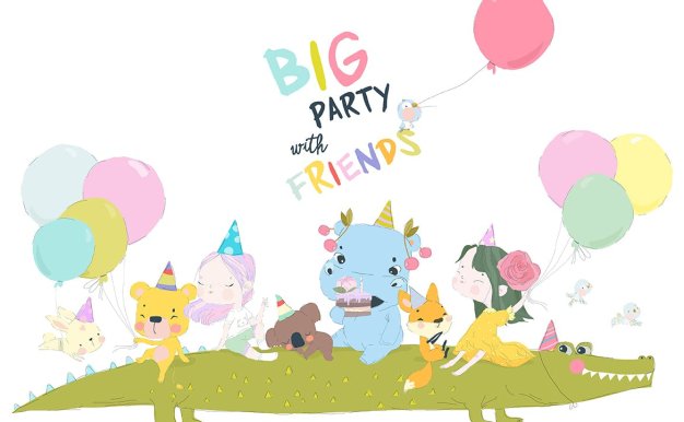 与可爱的动物一起举办生日周年纪念派对矢量插画 Birthday Anniversary Party with Cute Animals