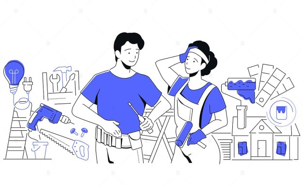 家庭修理整理概念线条风格插画 Couple Making Repairs – Line Style Illustration