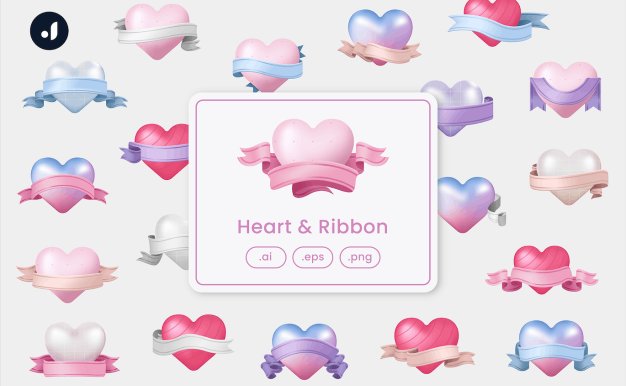 丝带爱心情人节元素插画 Heart & Ribbon Illustration