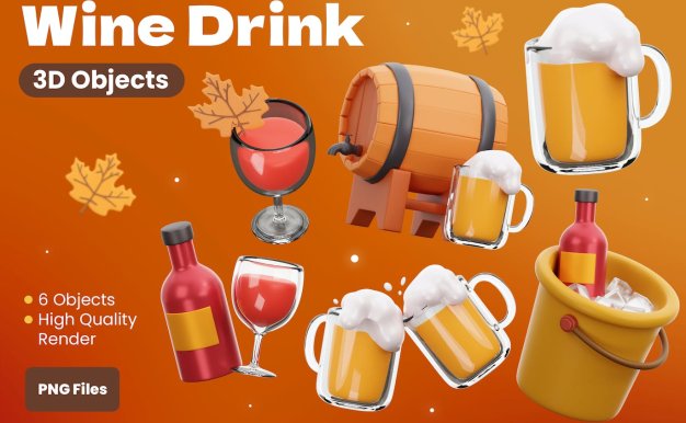 葡萄酒饮料3D插画 Wine Drink 3D Illustrations