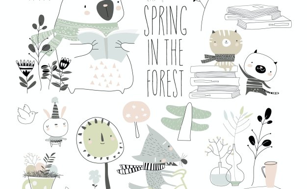 可爱动物春天元素矢量插画 Set of cute animals with spring elements. Hello sp