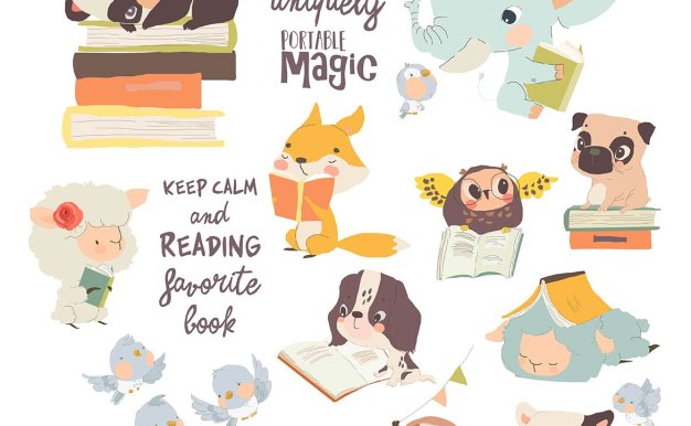 可爱的卡通动物阅读书籍矢量插画集 Vector Set of Cute Cartoon Animals reading Books