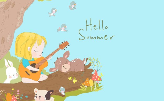 森林动物&吉他女孩卡通矢量插画 Cartoon Little Girl playing Guitar with Animals