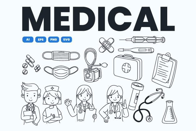 医疗工具和员工涂鸦风格插画 Medical Tools and Staff Doodles