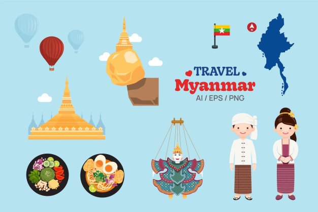 缅甸元素地图和地标符号矢量插画 Travel Myanmar elements map and landmarks symbols