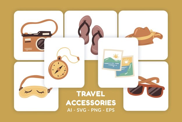旅行配件矢量插画v2 Travel Accessories Vector Illustration v.2