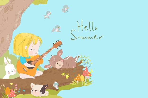 森林动物&吉他女孩卡通矢量插画 Cartoon Little Girl playing Guitar with Animals